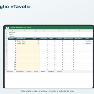 May include: A digital spreadsheet titled Planner-Matrimonio.xlsx displayed on a screen. The table includes columns for table number, name, seats, assigned, adults, children, special menus, free seats, and status, with rows for Tavolo Firenze and Siena.