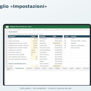 Excel Timesheet in Italian | Attendance Sheet, Overtime Calculation, Vacation and Leave, Paycheck Tracking, Freelance image 2