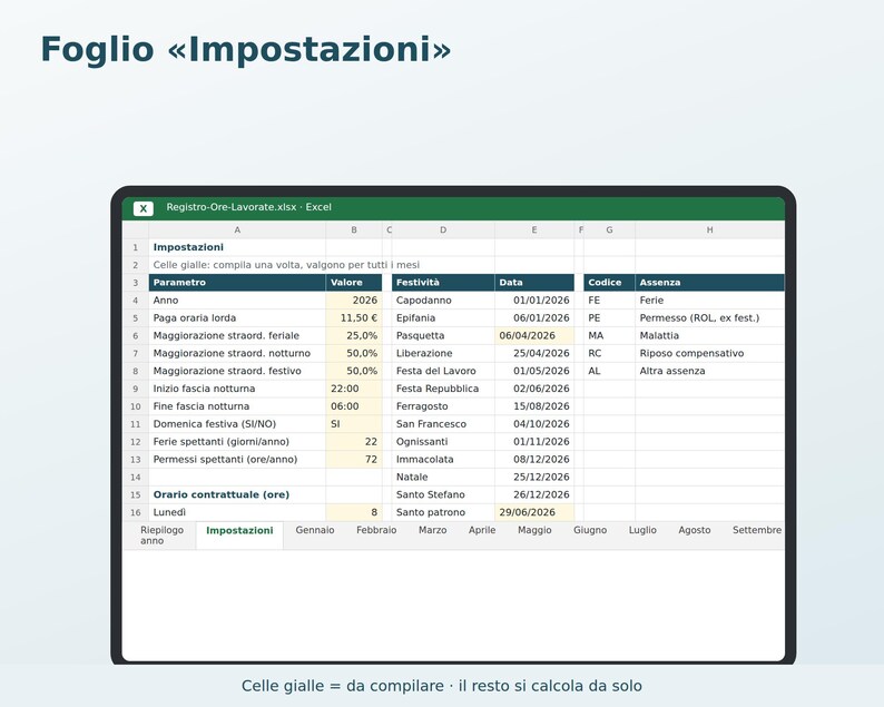 Excel Timesheet in Italian | Attendance Sheet, Overtime Calculation, Vacation and Leave, Paycheck Tracking, Freelance image 2