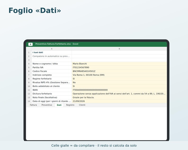 Flat-Rate Estimate and Invoice for Excel in Italian | Template with 2-Euro Stamp Duty, Legal Wording, Invoice Register, Customer Directory image 3