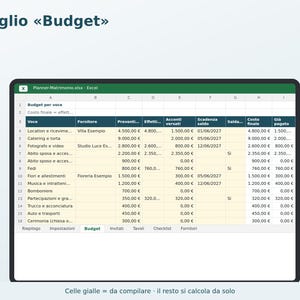 May include: A digital spreadsheet titled Foglio Budget displayed on a screen, featuring a table with columns for expenses, vendors, estimates, actual costs, deposits, due dates, balances, and payments, with yellow cells for user input.