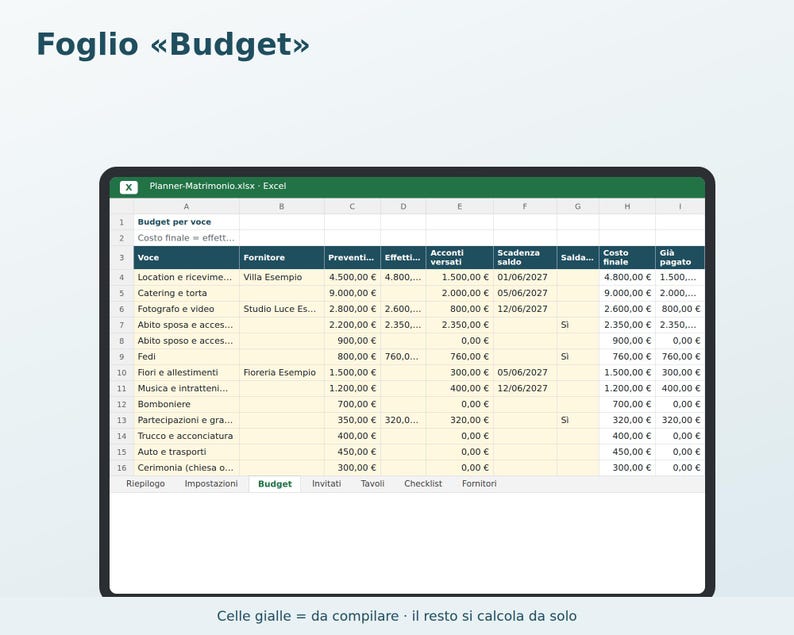 May include: A digital spreadsheet titled Foglio Budget displayed on a screen, featuring a table with columns for expenses, vendors, estimates, actual costs, deposits, due dates, balances, and payments, with yellow cells for user input.
