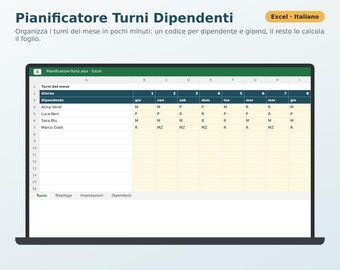 Pianificatore Turni Dipendenti Excel in Italiano | Orario Mensile, Ore Lavorate, Straordinari, Ferie, Costo Personale