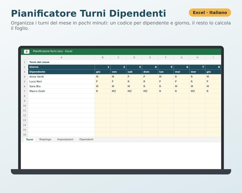 Employee Shift Planner for Excel in Italian | Monthly Schedule, Hours Worked, Overtime, Vacation, and Staff Costs image 1