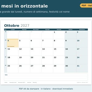 Printable 2027 Calendar (PDF) in Italian | Monthly, Horizontal and Vertical, Yearly, Holidays and Long Weekends, Shift and Vacation Planning image 2