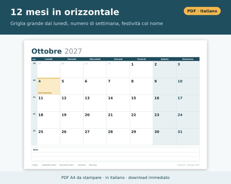 Printable 2027 Calendar (PDF) in Italian | Monthly, Horizontal and Vertical, Yearly, Holidays and Long Weekends, Shift and Vacation Planning image 2