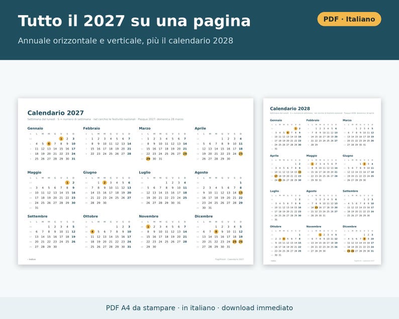 Printable 2027 Calendar (PDF) in Italian | Monthly, Horizontal and Vertical, Yearly, Holidays and Long Weekends, Shift and Vacation Planning image 4