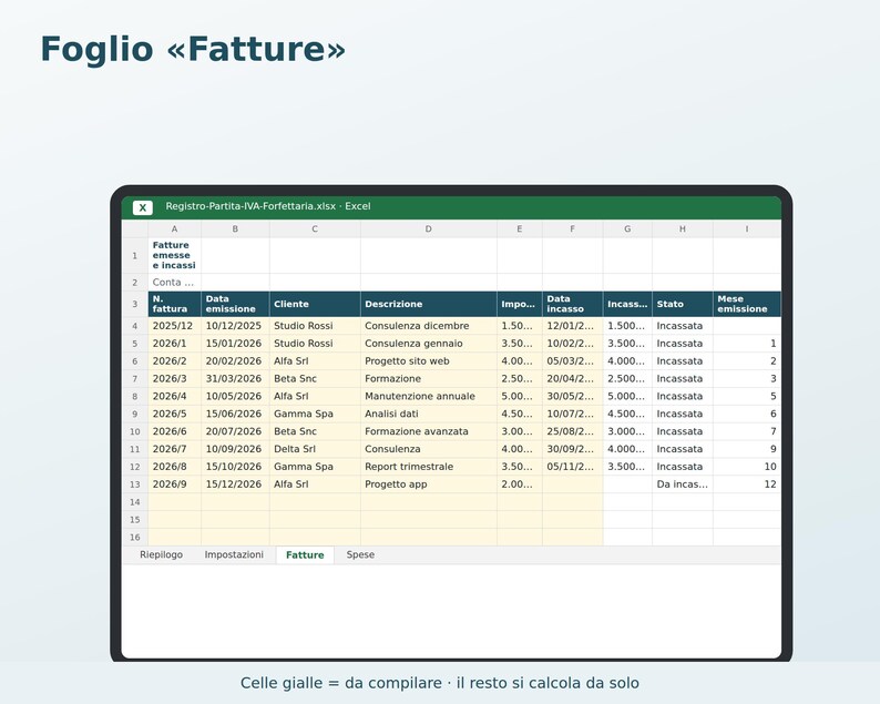 Registro del IVA a tipo fijo en Excel (en italiano) | Facturas, cobros, impuesto sustitutivo, cotizaciones al INPS, anticipos imagen 3