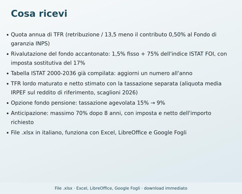 TFR Calculation in Excel in Italian | Severance Pay, ISTAT Revaluation, Separate Taxation, 70% Advance image 6