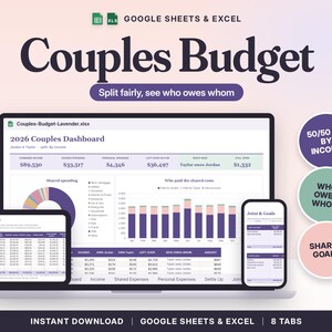 Couples Budget Spreadsheet Google Sheets & Excel | Shared Expenses Tracker, Bill Splitter, Joint Budget Planner for Two image 1
