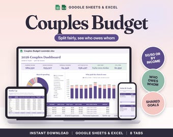 Couples Budget Spreadsheet Google Sheets & Excel | Shared Expenses Tracker, Bill Splitter, Joint Budget Planner for Two