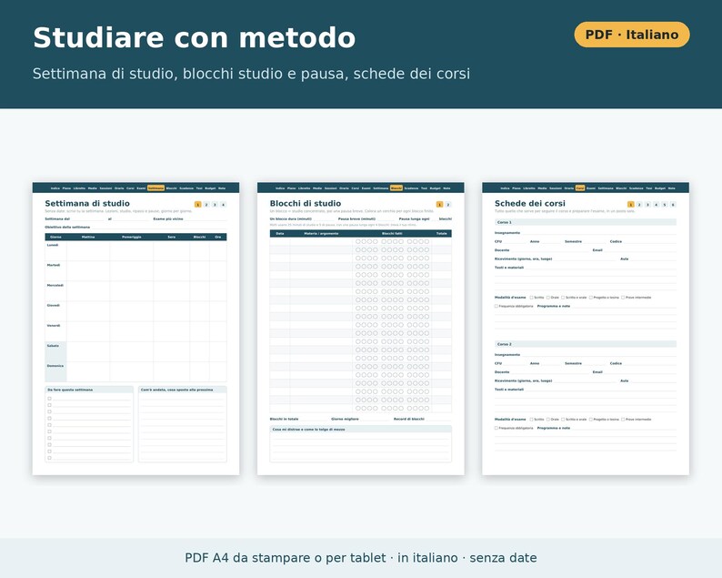 Printable PDF University Planner in Italian | Exam Booklet, Weighted Average, CFU, Study Plan, Sessions, Class Schedule, Thesis image 5