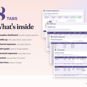 Couples Budget Spreadsheet Google Sheets & Excel | Shared Expenses Tracker, Bill Splitter, Joint Budget Planner for Two image 2