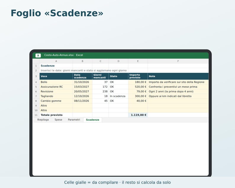 Annual Car Cost Excel in Italian | Car Expenses, Cost per Km, Fuel Consumption, Tax, Insurance, Service, Deadlines image 4