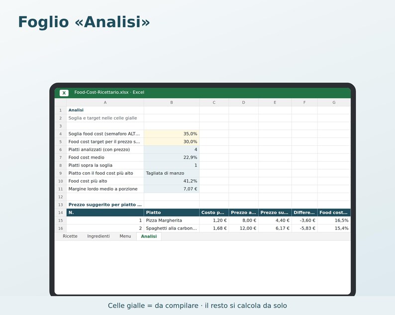 Food Cost and Recipe Book Excel in Italian | Recipe Cost, Portion Size, Margin, and Menu Price for a Restaurant, Pizzeria, or Bar image 4