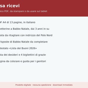 Carta imprimible a Papá Noel (PDF en italiano) | Kit infantil 2026 con sobre del Polo Norte, carta de respuesta, certificado y lista de regalos. imagen 7