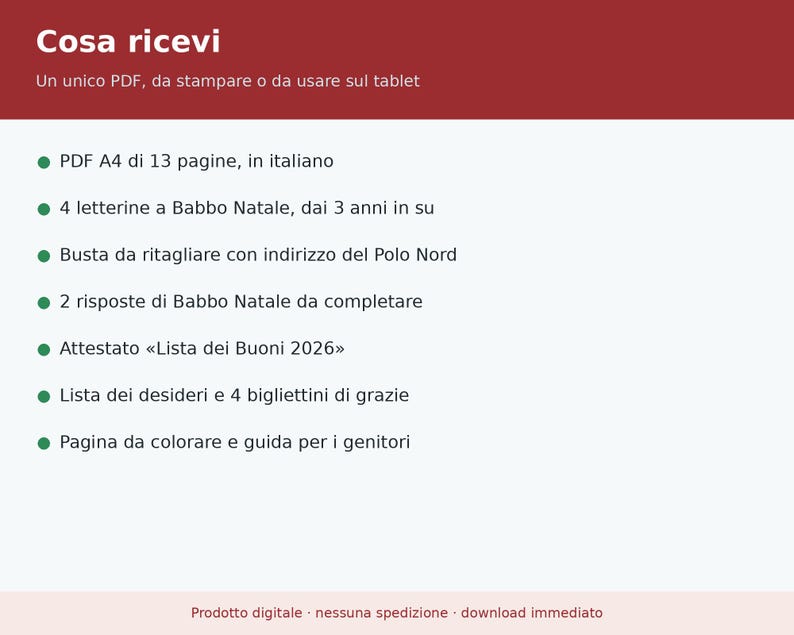 Carta imprimible a Papá Noel (PDF en italiano) | Kit infantil 2026 con sobre del Polo Norte, carta de respuesta, certificado y lista de regalos. imagen 7