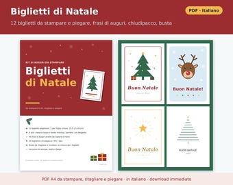 Tarjetas navideñas imprimibles (PDF) | 12 tarjetas de felicitación plegables en 4 estilos, mensajes prediseñados, etiqueta de regalo y sobre para recortar.