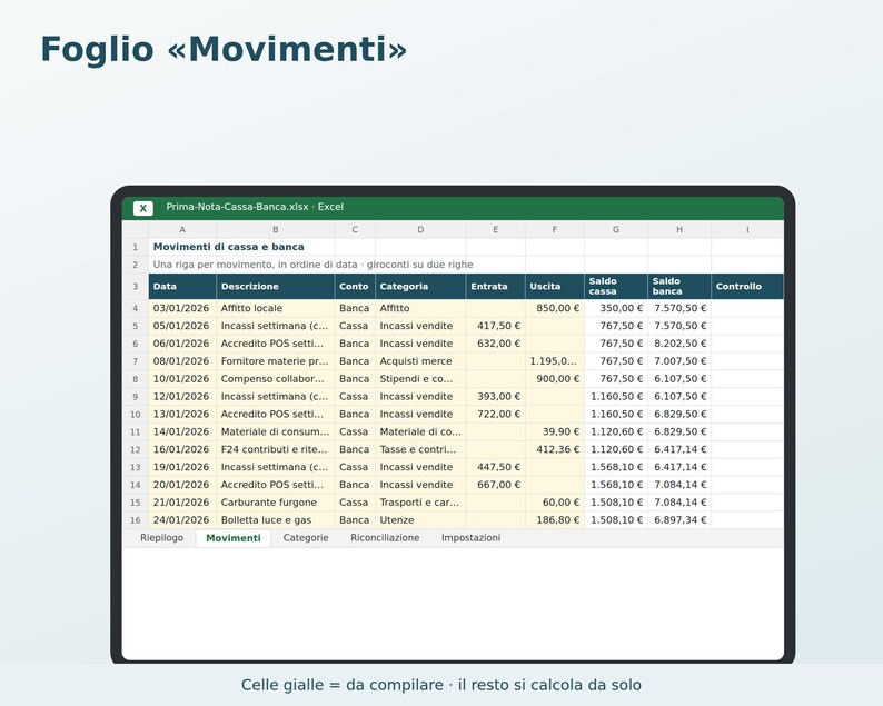 Cash and Bank Journal in Excel in Italian | Income and Expense Ledger, Cash Balance, Simple Accounting, Associations, Small Businesses image 2