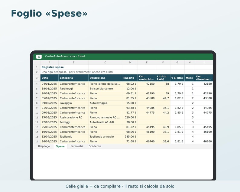 Annual Car Cost Excel in Italian | Car Expenses, Cost per Km, Fuel Consumption, Tax, Insurance, Service, Deadlines image 2