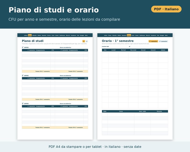 Printable PDF University Planner in Italian | Exam Booklet, Weighted Average, CFU, Study Plan, Sessions, Class Schedule, Thesis image 3