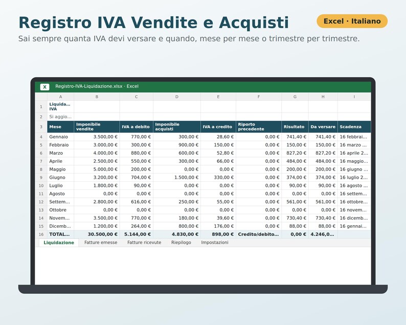 VAT Sales and Purchases Register in Excel in Italian | Monthly and Quarterly Liquidation, F24 Deadlines, Annual VAT Summary image 1