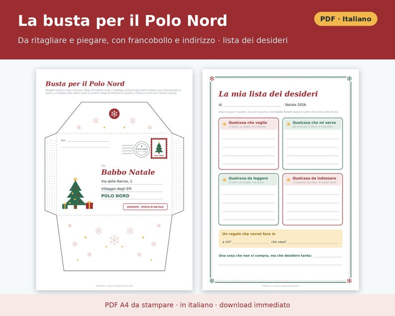 Carta imprimible a Papá Noel (PDF en italiano) | Kit infantil 2026 con sobre del Polo Norte, carta de respuesta, certificado y lista de regalos. imagen 3