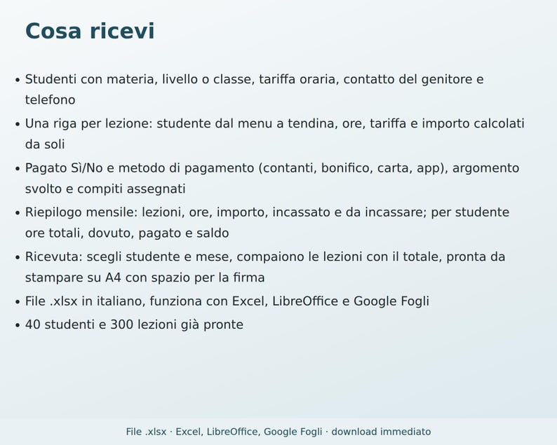 Private Lesson Log in Excel in Italian | Tutoring, Music Lessons, Student Hours and Payments, Printable Receipt image 5