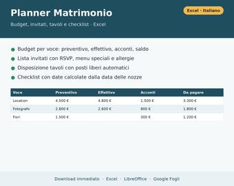 Wedding Planner Excel in Italian | Wedding Budget, RSVP Guest List, Table Layouts, Checklist, and Vendors