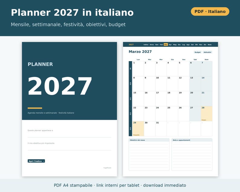 2027 Planner in Italian (Digital and Printable PDF) | Weekly and Monthly Planner, Italian Holidays, Goals, Budget, Habit Tracker image 1