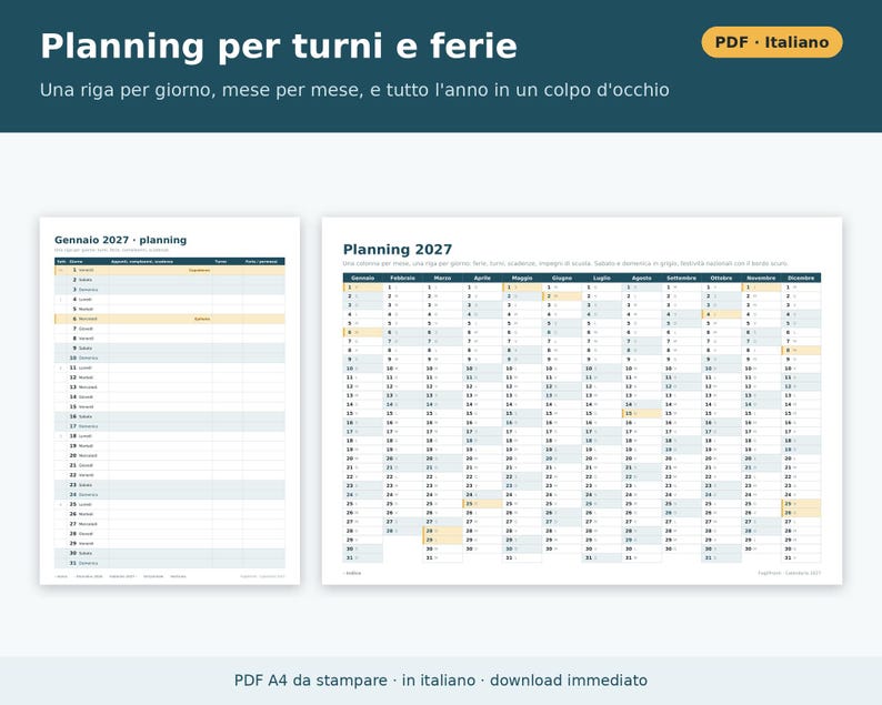 Printable 2027 Calendar (PDF) in Italian | Monthly, Horizontal and Vertical, Yearly, Holidays and Long Weekends, Shift and Vacation Planning image 6