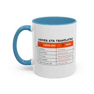 May include: A white ceramic mug with a blue handle and interior rim. The mug features a printed chart titled Driver ETA Translator, comparing phrases drivers say to their actual meanings, such as 5 minutes meaning 45 minutes.