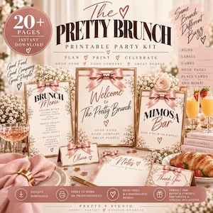 May include: A printable party kit titled The Pretty Brunch featuring signs, labels, games, note pages, and place cards. The set includes items with rose gold bows, floral accents, and text such as Brunch Menu, Welcome to The Pretty Brunch, Mimosa Bar, Olivia, Notes, and Thank You, all presented in a coordinated design.