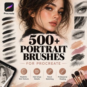 May include: A digital art resource titled 500+ Portrait Brushes for Procreate, featuring a portrait of a person, various black and white brush stroke samples, color swatches, and icons for skin texture, hair, eye details, sketching, and shading.