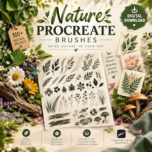 Könnte beinhalten: Ein digitales Download-Set mit über 100 Procreate-Pinseln, die naturbezogene Stempel wie Blätter, Blumen, Zweige und Gräser enthalten. Die Grafik zeigt eine Sammlung botanischer Illustrationen und Texturen für die digitale Kunst.