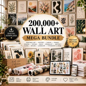 May include: A digital download bundle of wall art featuring a large central graphic with the text 200,000+ WALL ART MEGA BUNDLE. The collection includes various framed prints, rolled posters, and digital displays showing floral, landscape, and abstract designs.