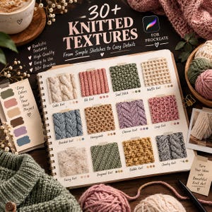 Op de afbeelding: Een digitale penseelset voor Procreate genaamd 30+ Knitted Textures, met een spiraalgebonden schetsboek dat twaalf verschillende breipatronen toont, waaronder kabel-, ribbel-, korrel-, wafel-, vlecht-, honingraat-, chevron-, lus-, pluizige, diagonale, noppen- en grofgebreide steken.