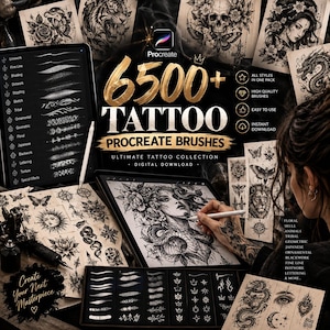 May include: A digital collection of 6500+ tattoo Procreate brushes featuring various black and white tattoo designs like skulls, flowers, animals, and geometric patterns displayed on tablets and printed sheets for digital illustration.
