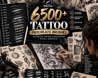 Op de afbeelding: Een digitale collectie van 6500+ tattoo Procreate-penselen met diverse zwart-wit tattoo-ontwerpen zoals schedels, bloemen, dieren en geometrische patronen, weergegeven op tablets en geprinte vellen voor digitale illustraties.