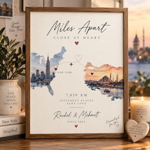 Könnte beinhalten: Ein gerahmter Kunstdruck mit einer Karte, die New York und Istanbul mit einer gestrichelten Flugroute und Herzsymbolen verbindet. Der Text lautet Miles Apart Close at Heart, 7.839 KM, Different Places Same Love, Rachel & Mehmet, Since 2024.