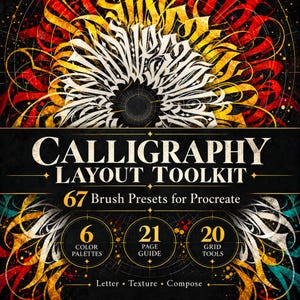 Kalligrafie- en letterpenselen voor Procreate: 67 tools met rasterstempels, textuurpenselen en 6 kleurenpaletten.