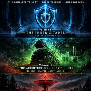 Puede incluir: Una portada de libro para The Ghost Protocols, una trilogía completa. La sección superior presenta un escudo azul brillante. El medio muestra una figura encapuchada disolviéndose en partículas digitales verdes cerca de una ciudad.