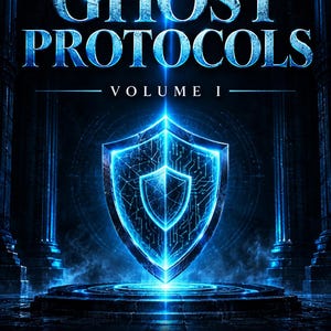 May include: A book cover titled THE GHOST PROTOCOLS VOLUME I THE INNER CITADEL VERIFY & VANISH. The design features a glowing blue digital circuit shield centred on a dark, textured platform, illuminated by a vertical beam of light against a dark background.
