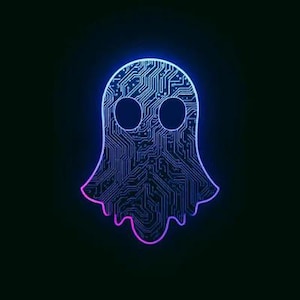 May include: A ghost-shaped graphic featuring a complex circuit board pattern in shades of blue and purple. The outline of the ghost glows with a vibrant neon light effect against a solid black background, creating a high-contrast digital aesthetic.
