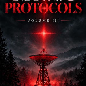May include: A poster titled THE GHOST PROTOCOLS VOLUME III featuring a large red satellite dish emitting a vertical beam of light into a dark, cloudy sky above a forest. The text THE SILENT FREQUENCY appears at the bottom with red sound waves.