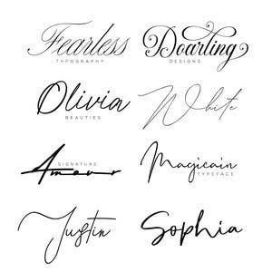May include: A collection of ten black script and calligraphy font samples on a white background. The text includes Fearless Typography, Darling Designs, Olivia Beauties, White, Amour Signature, Magicain Typeface, Justin, Sophia, Night, and beauty.