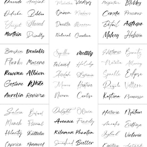 May include: A collection of black typography samples arranged in a grid, featuring various script and serif fonts. The text includes words like Rixiline, Calories, Parade, Aresink, Didoska, Beldino, Yonget, Slaved, Morthin, Drimelty, and many others.
