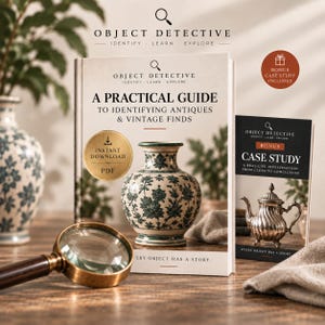 Könnte beinhalten: Ein Buch mit dem Titel Object Detective: A Practical Guide to Identifying Antiques & Vintage Finds, das eine grün-weiße Blumenvase auf dem Cover zeigt. Daneben liegt ein Bonus-Fallstudienheft mit einer silbernen Teekanne und einer Lupe.