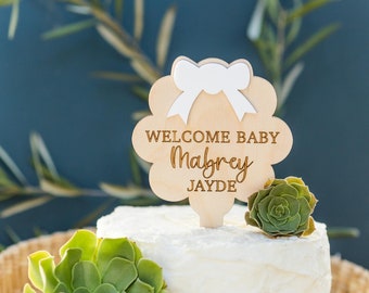 Personalized Baby Shower Cake Topper: Birch Wood Flower with Acrylic Bow