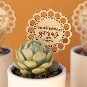 May include: Three small white pots with succulents and wooden signs that say "Thanks for helping me grow, Love, Emery S."
